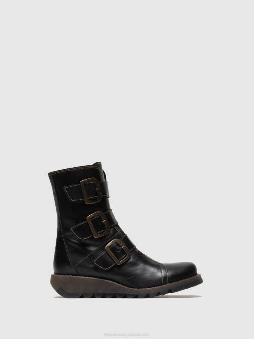 Black XX0D18 Leather Buckle Ankle Boots Fly London Women