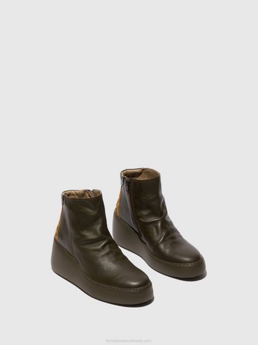 DK.GREEN/TAN XX0D24 Zip Up Ankle Boots DABE461 Fly London Women
