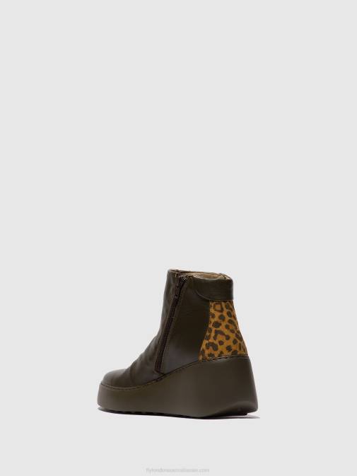 DK.GREEN/TAN XX0D24 Zip Up Ankle Boots DABE461 Fly London Women