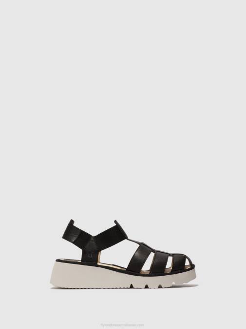 BLACK XX0D404 T-Strap Sandals PEFI429 Fly London Women