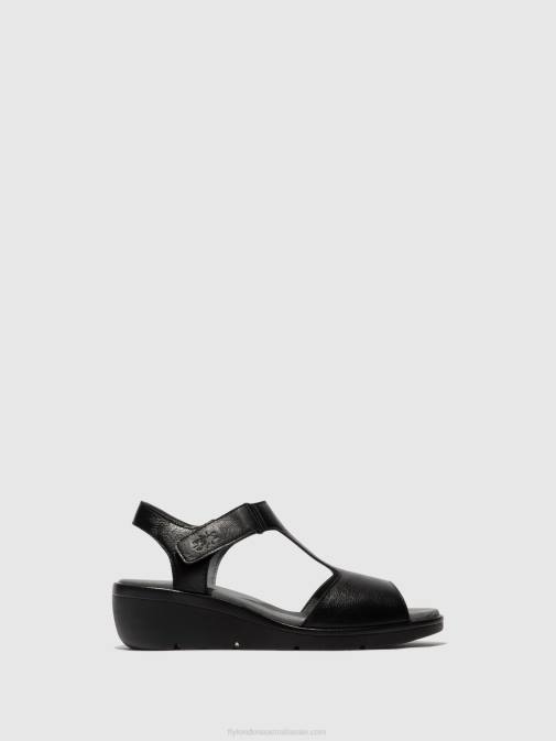 BLACK XX0D411 T-Strap Sandals NOVA932 Fly London Women