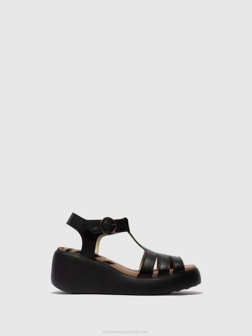 BLACK XX0D413 T-Strap Sandals DUMA955 Fly London Women