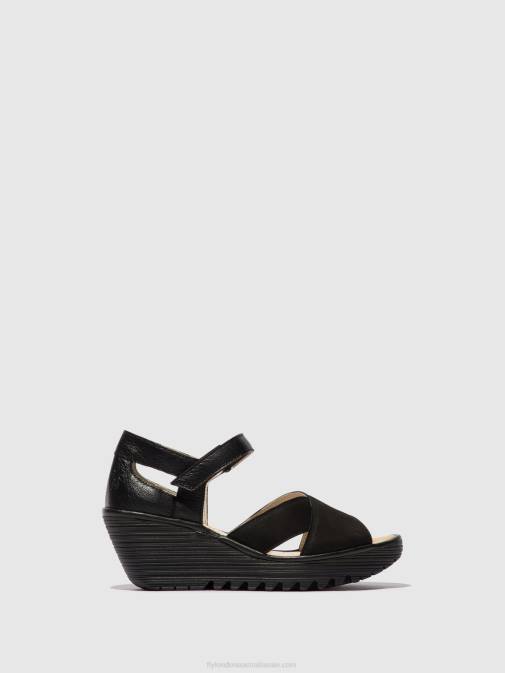 BLACK XX0D566 Ankle Strap Sandals YENT365 Fly London Women
