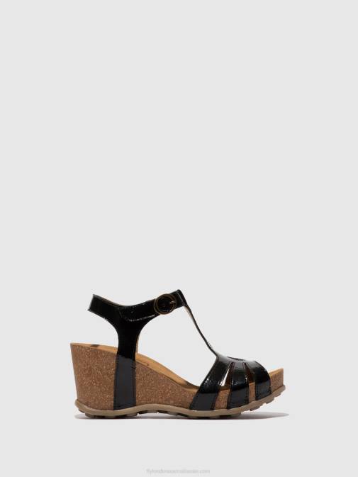 LUXOR BLACK XX0D610 T-Strap Sandals GUMY777 Fly London Women