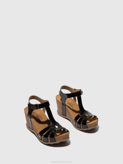 LUXOR BLACK XX0D610 T-Strap Sandals GUMY777 Fly London Women