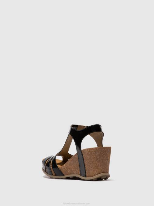 LUXOR BLACK XX0D610 T-Strap Sandals GUMY777 Fly London Women
