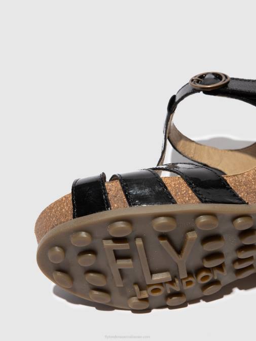 LUXOR BLACK XX0D610 T-Strap Sandals GUMY777 Fly London Women